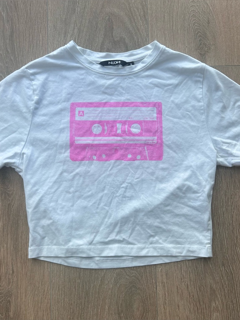 NUON White Crop Tee with Pink Cassette Graphic
